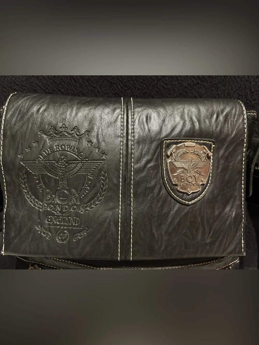 Vintage Boy London Black Leather Messenger Bag Shoulder Bag Satchel Crossbody